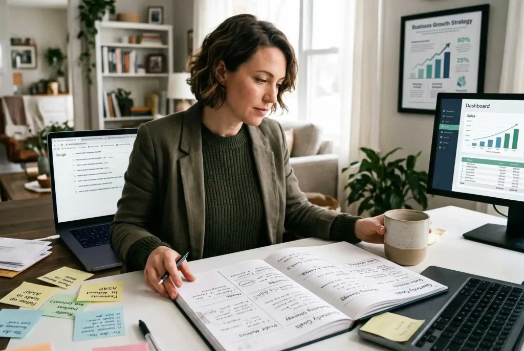 A female small business owner reviewing her business plan and financial dashboard to build a growth strategy.