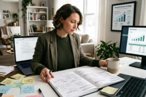 A female small business owner reviewing her business plan and financial dashboard to build a growth strategy.