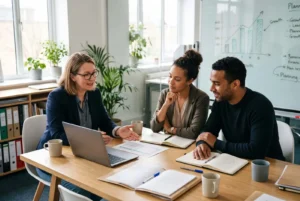 A qualified small business accountant reviewing financial growth charts with a client in an office.